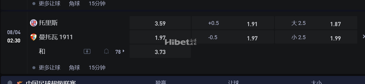 意大利杯  8/04 02:30 托里斯 VS曼托瓦 1911