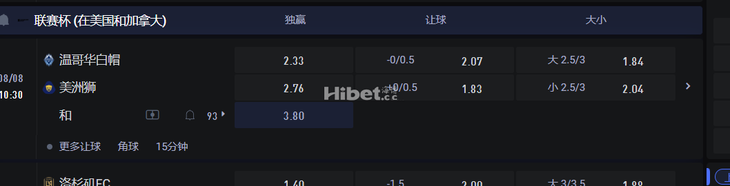 联赛杯 (在美国和加拿大)  08/08 10:30 温哥华白帽 VS美洲狮