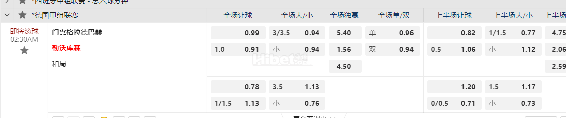 德国甲2:30AM 门兴格拉德巴赫 勒沃库森